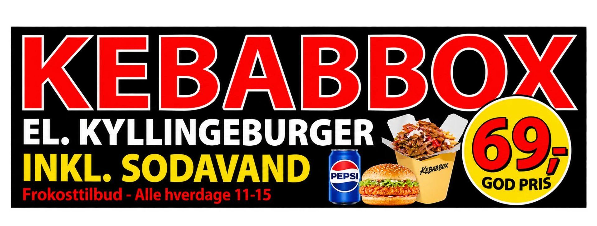 Kebabbox eller kyllingeburger inkl. sodavand 69 kr. god pris — frokosttilbud alle hverdage 11–15